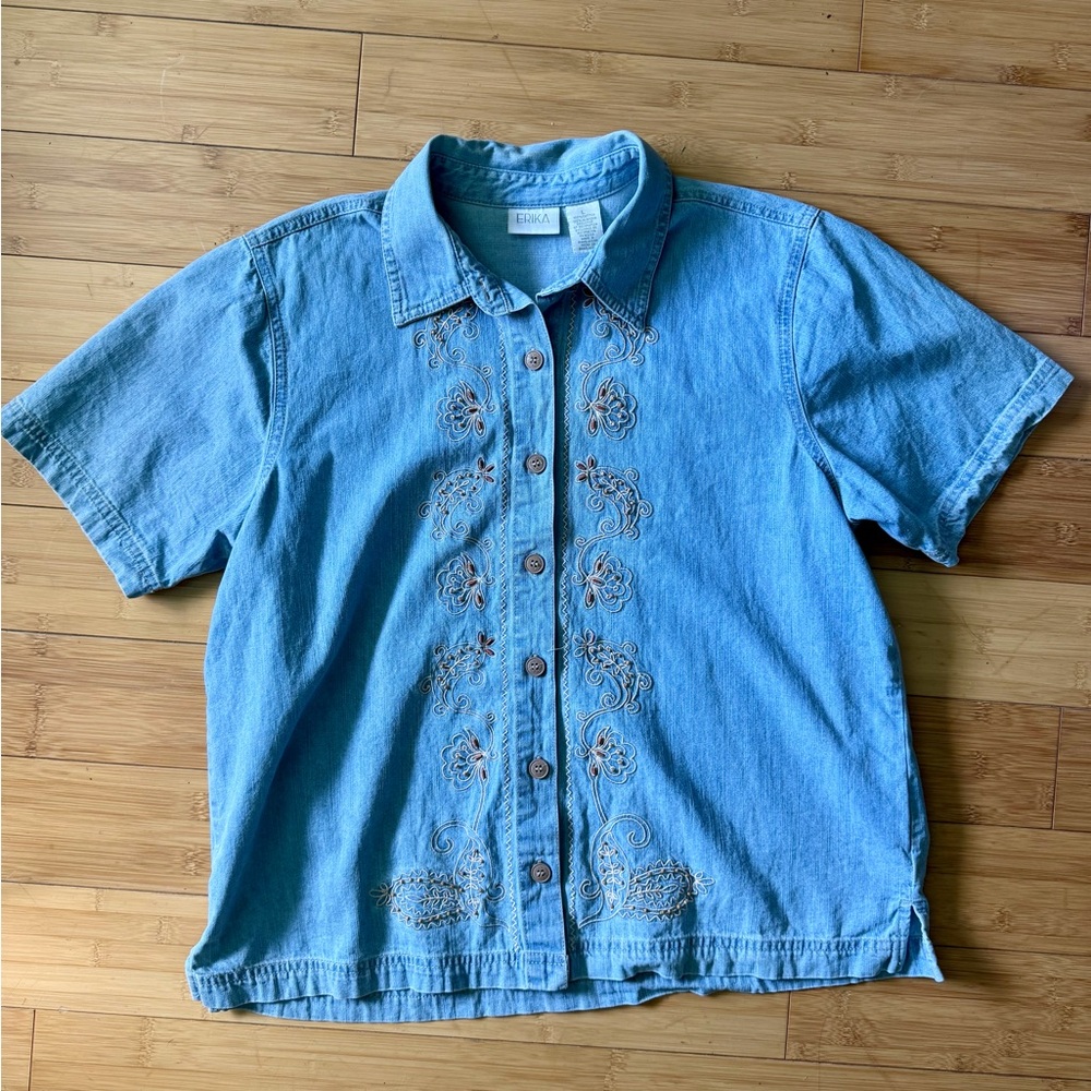Embroidered Light Wash Denim Button-Up Shirt - 100% Cotton